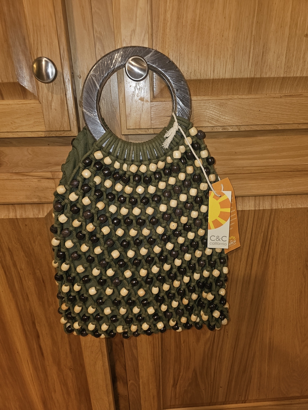 C&C California Olive Green Beaded Handle Tote